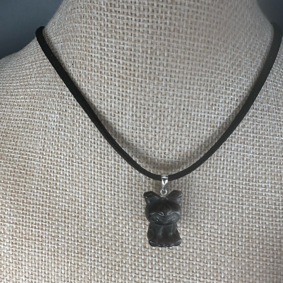 Silver Sheen Obsidian Kuromi Bead Pendant on Silver Bail and Faux Suede - Picture 2 of 9